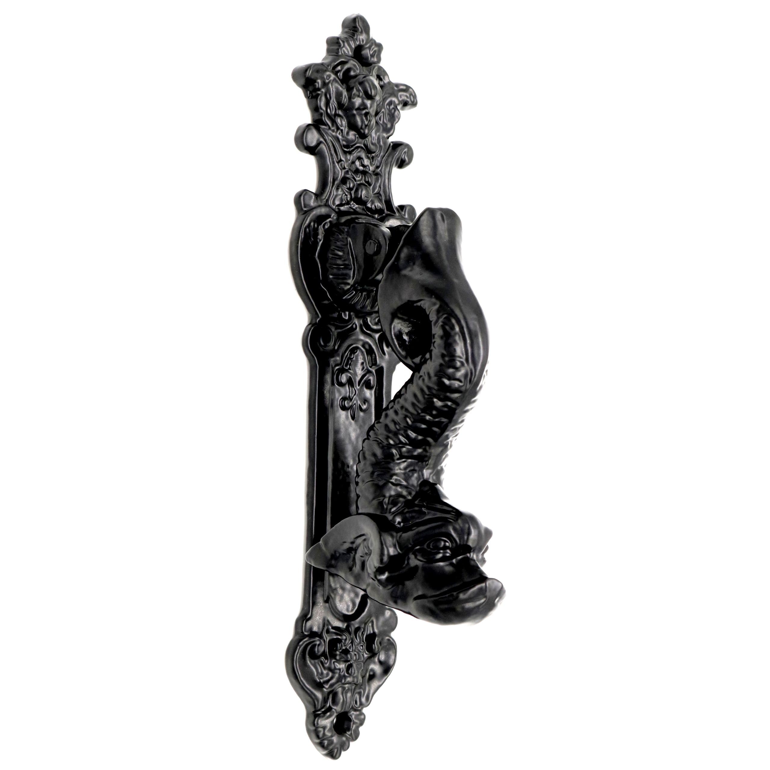Mythrojan Türklopfer aus Gusseisen mit schwarz pulverbeschichtetem Vordertürklopfer, mittelalterliches Design, robuste rustikale Hardware für Schloss, Hütte, Hauseingang, Schwarz, 25,4 x 5,1 cm