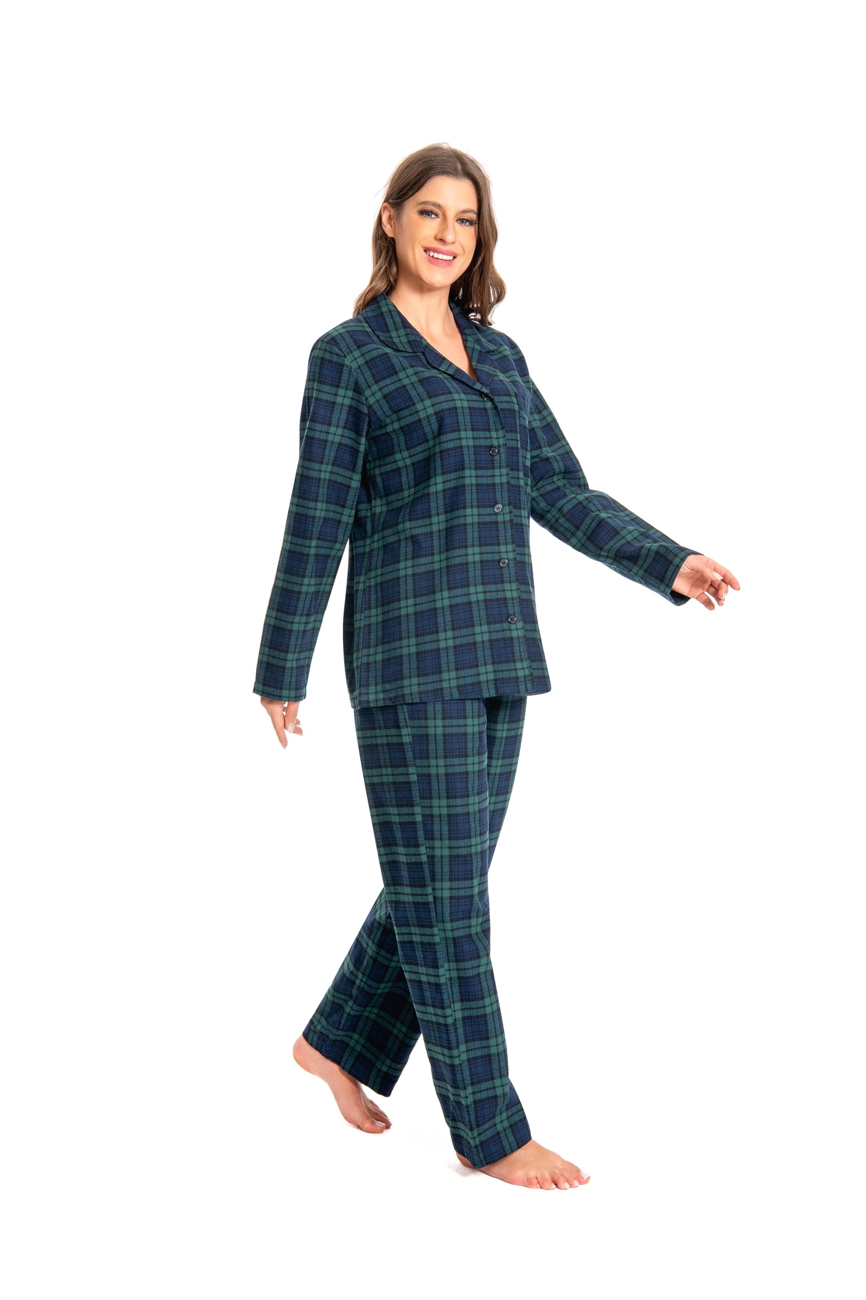 Nutria Schlafanzug Damen 100% Baumwolle Flanell Pyjama Set Langarm Oberteil mit Offenem Kragen Knöpfe Lang Unterteil Winter Nachtwäsche Loungewear V-Ausschnitt Shirt und Hose D06