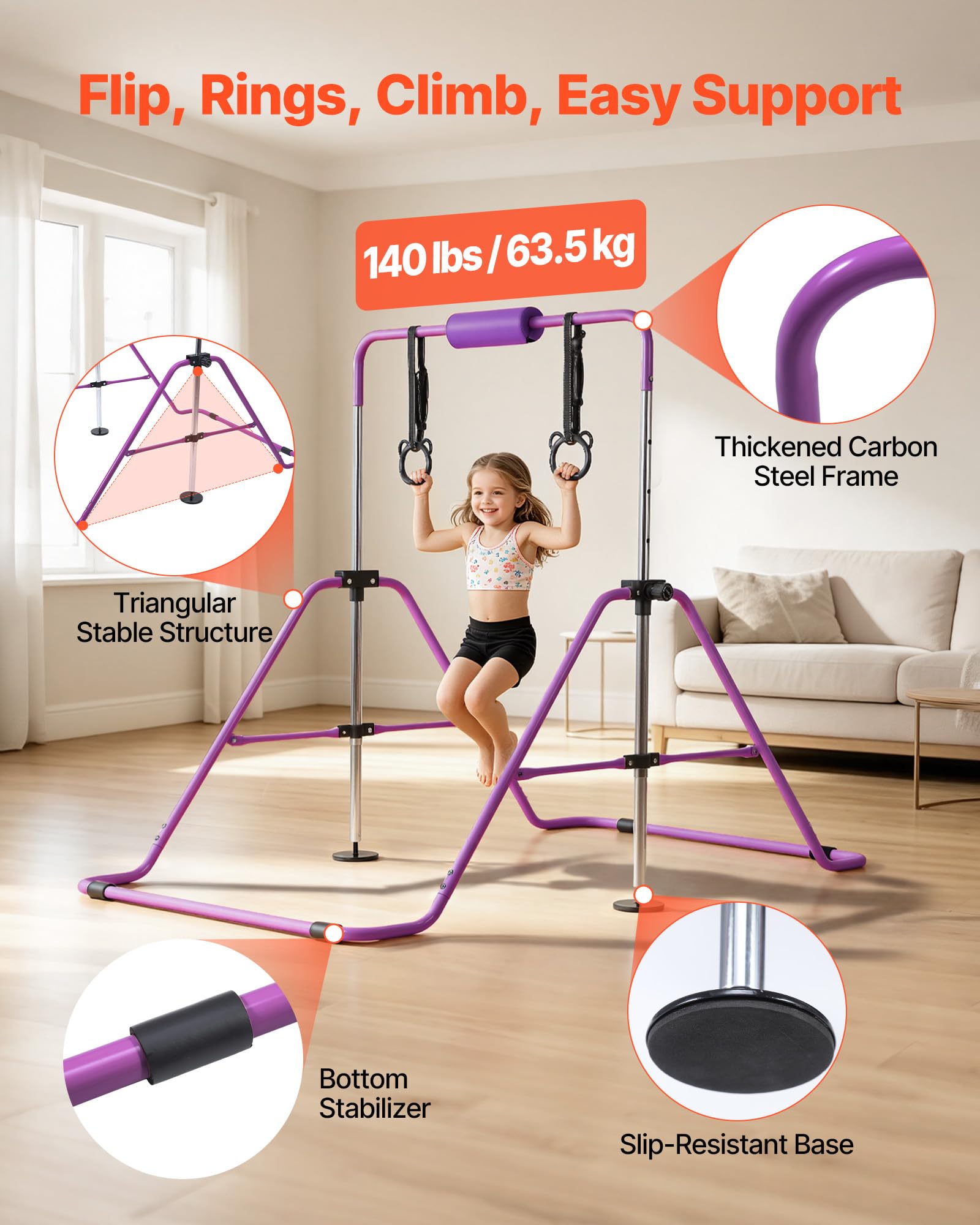 VEVOR Gymnastikstange für Kinder mit 63,5 kg Tragkraft, Klappbares Turnreck mit Turnringen, Höhenverstellbare Turnstange für Indoor- und Outdoor-Training, Heimtrainingsgerät für Kinderturnen