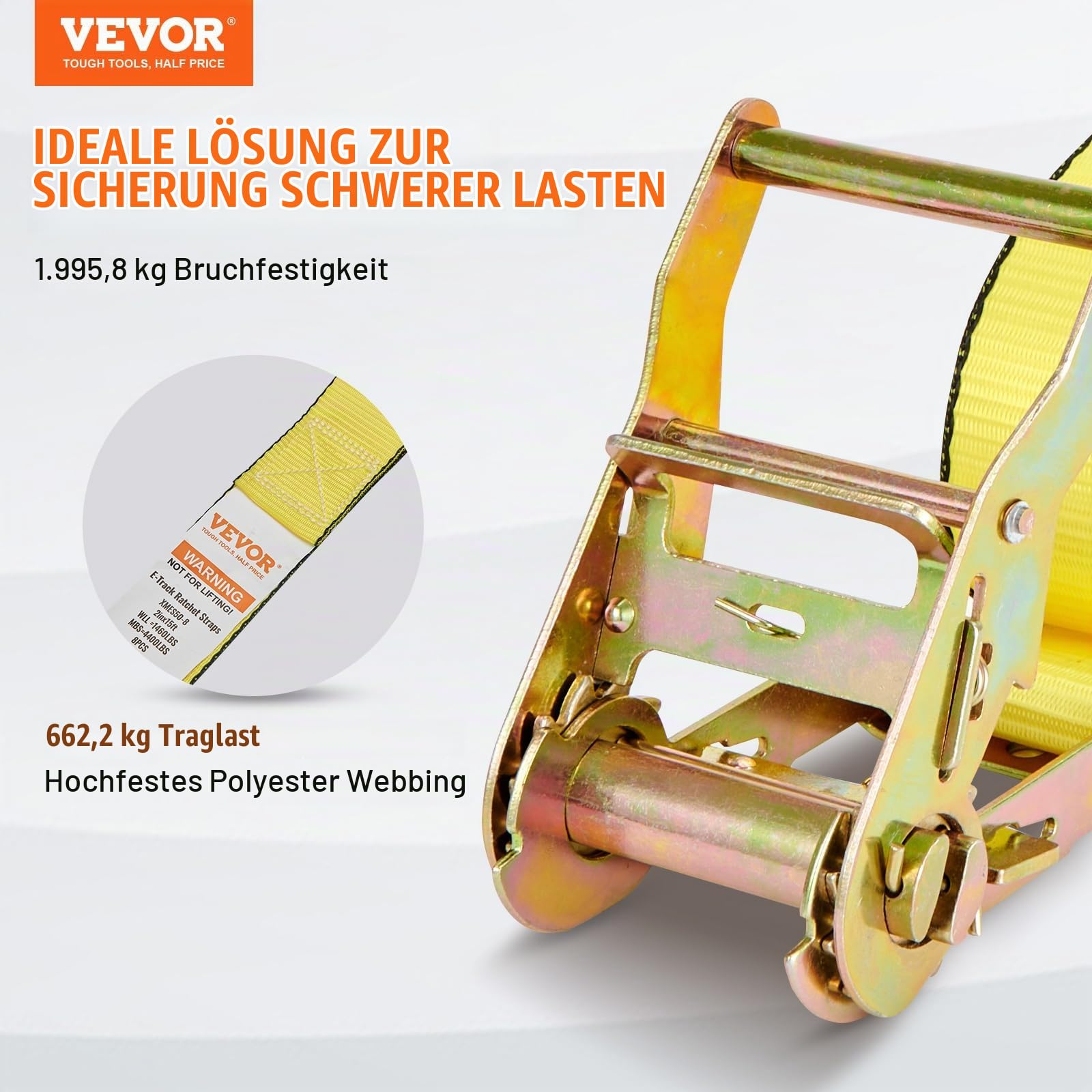 VEVOR 8er-Set Spanngurt 0,05 x 4,6 m Zurrgurt 1995,8 kg Ratschenzurrgurt Polyester-Gurt Kohlenstoffstahl-Haken Befestigungsgurt Ratschenspanngurt Ideal für Motorräder Fahrräder Kajaks UTV Boote ATV