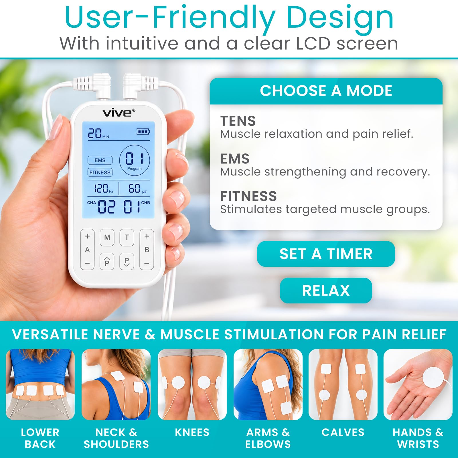 Vive Stim Machine for Muscle Recovery - 24 Mode Tens Unit Stimulator for Pain Relief Therapy - 24 EMS & 12 Fitness Models with Electrodes for Period Cramps, Physical Therapy - Stimulation Device — Amazon image 3