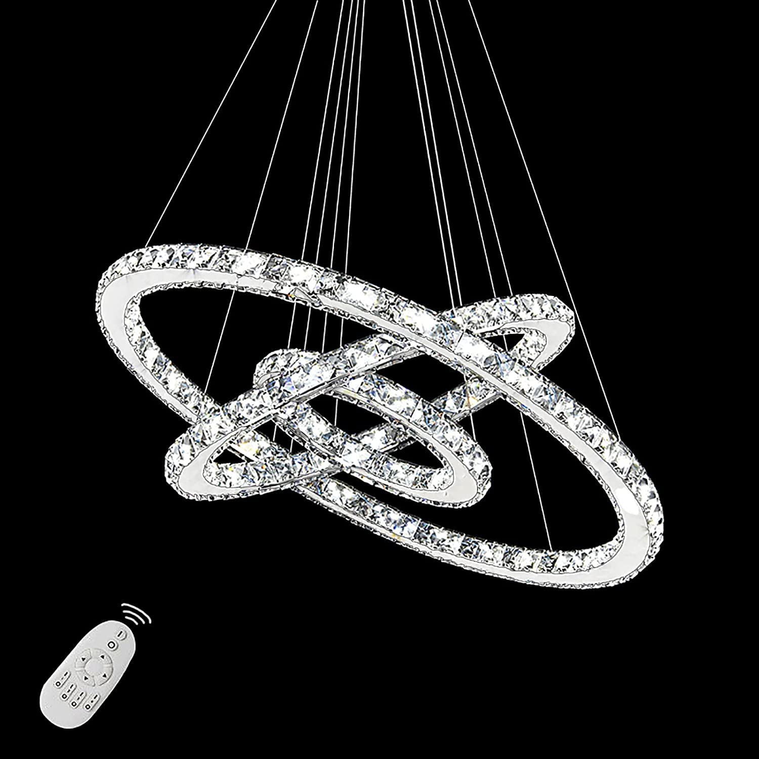 YRHome 96 W LED Cristallo Design Lampada da Soffitto a Sospensione Dimmerabile Regolabile in Altezza - Lampadario Moderno Tre Anelli per Sala da Pranzo e Soggiorno