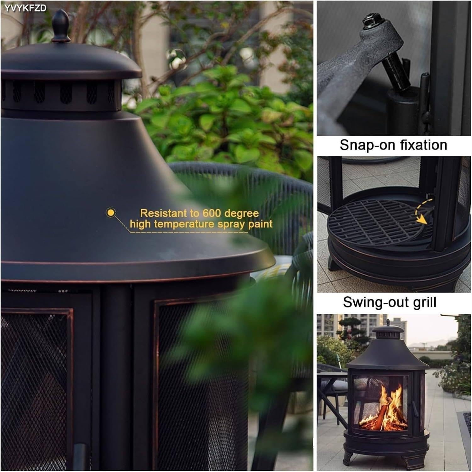 Braciere quadrato per esterni, a legna, con griglia di cottura, 49,5 x 30,5 cm (altezza x larghezza), per giardino, cortile, cortile, barbecue, design pagoda