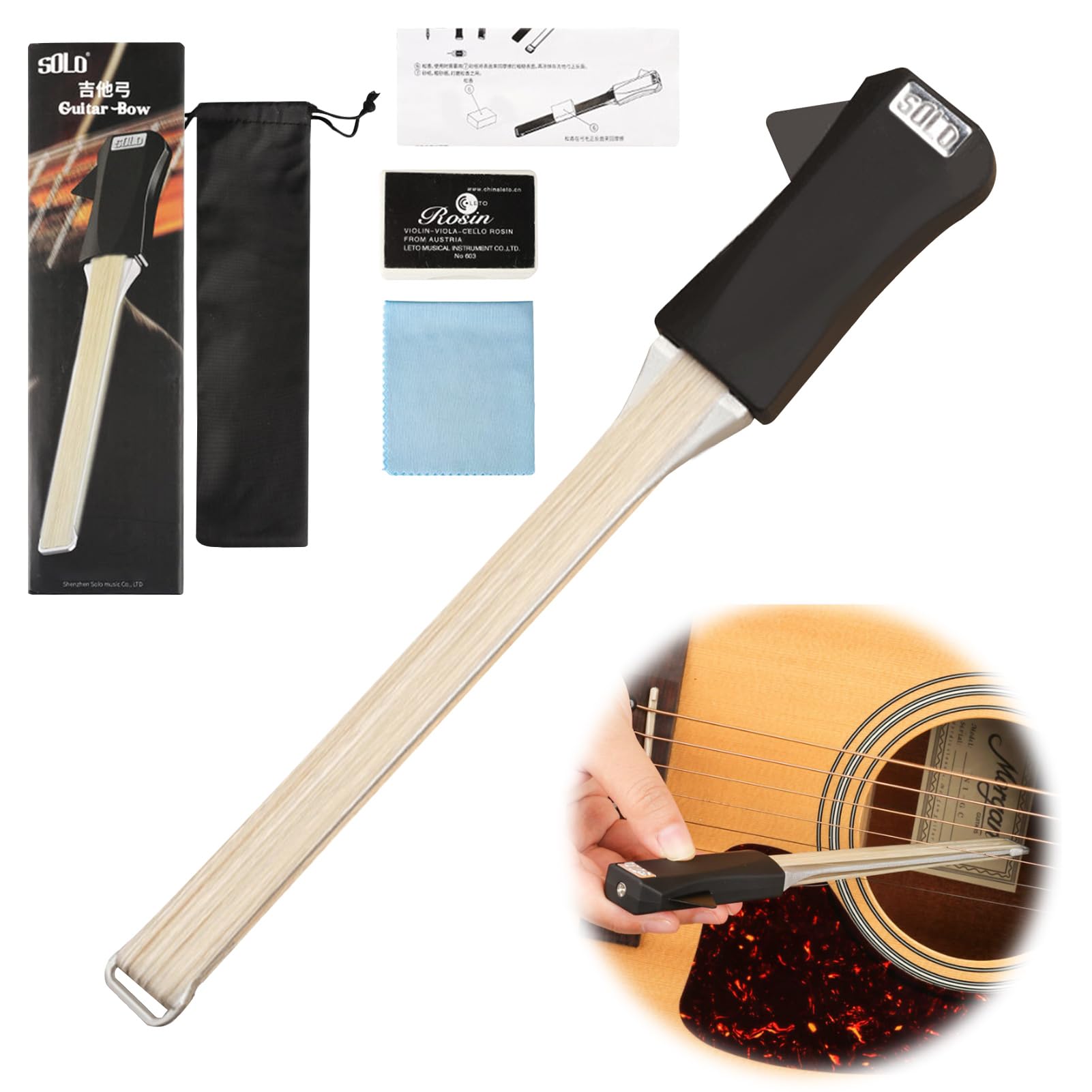 Amycute Bogen für Gitarre, Guitar Bow mit Kolophonium, Doppelseitiger Gitarrenbogen mit Integriertem Plektrum, Mehrzweck-Zupfsaiten-Werkzeug, Geschenk für Gitarrenliebhaber