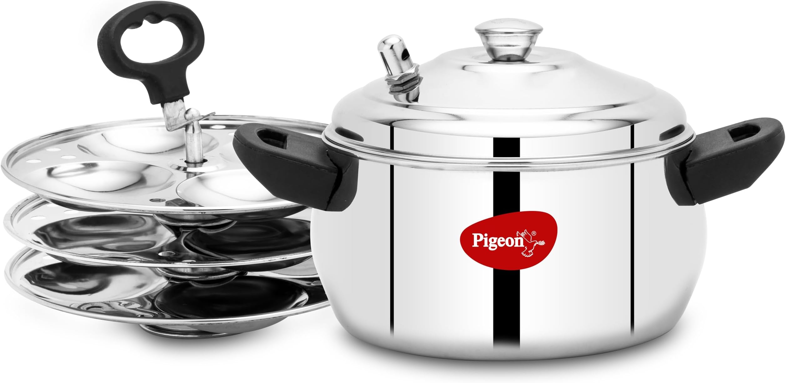 Pigeon Idly Maker Induction and Gastove Compatible 3 Plates, Handi Shaped, Cool handle, Whistle to control steam, Easy to cook