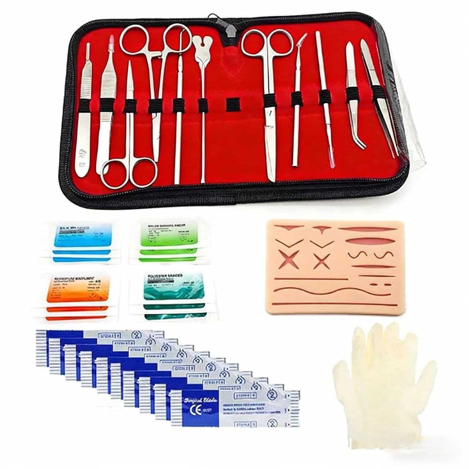 Various Wound Types Surgical Suturing Instrument Kit with Suture Silicone Gloves, Realistic Suturing Practice Kit for Nursing Exercises Student Training