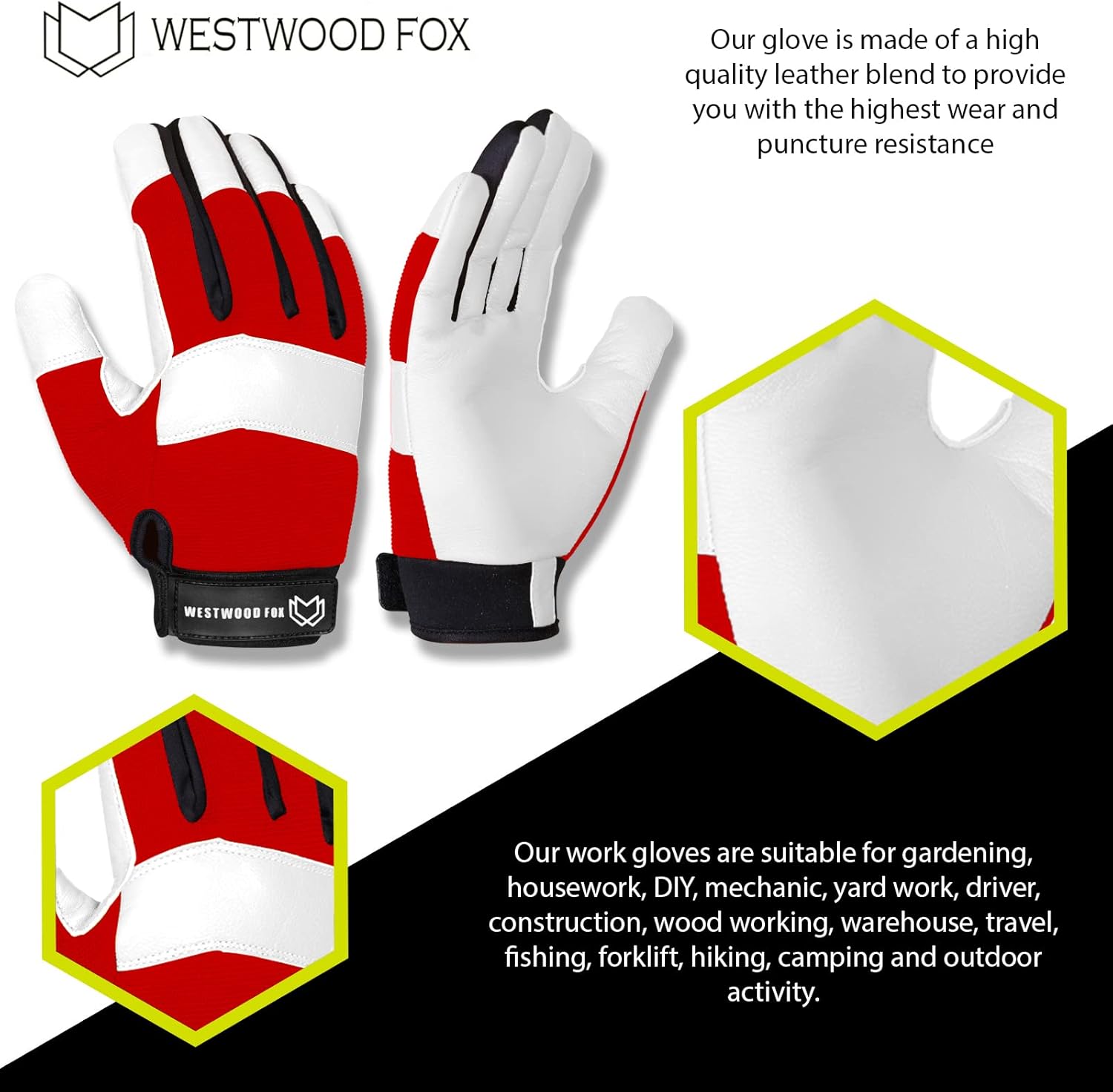 WESTWOOD FOX Gardening Working Gloves Leather Safety Thorn Proof Gloves for Mens & Women Flexible Heavy Duty Mechanic Gloves