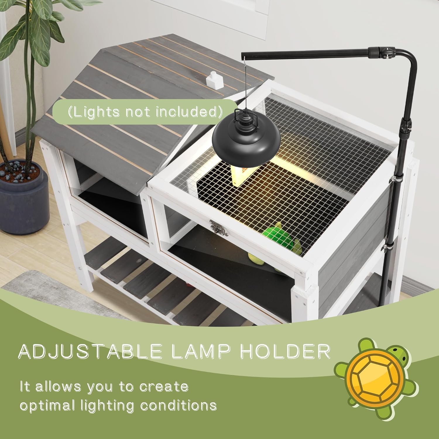 TITIMO Tortoise Habitat with Lamp Holder and Storage Shelf, Tortoise Enclosure Indoor Outdoor with Detachable Legs, Wooden Turtle House Reptile Cage with Tray for Small Animals