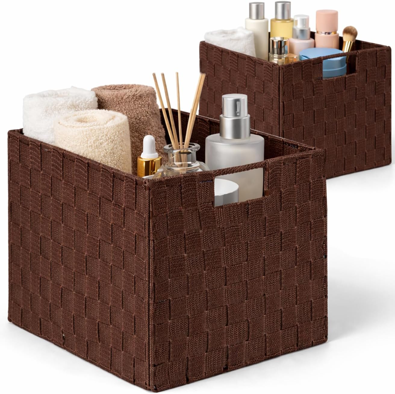 2-Pack Collapsible Ribbon Woven Storage Bins with Metal Structure, Shelf Basket, Pantry Organizer, Home Decorative Utility Cubes (11 x 11 x 11 in, Brown)