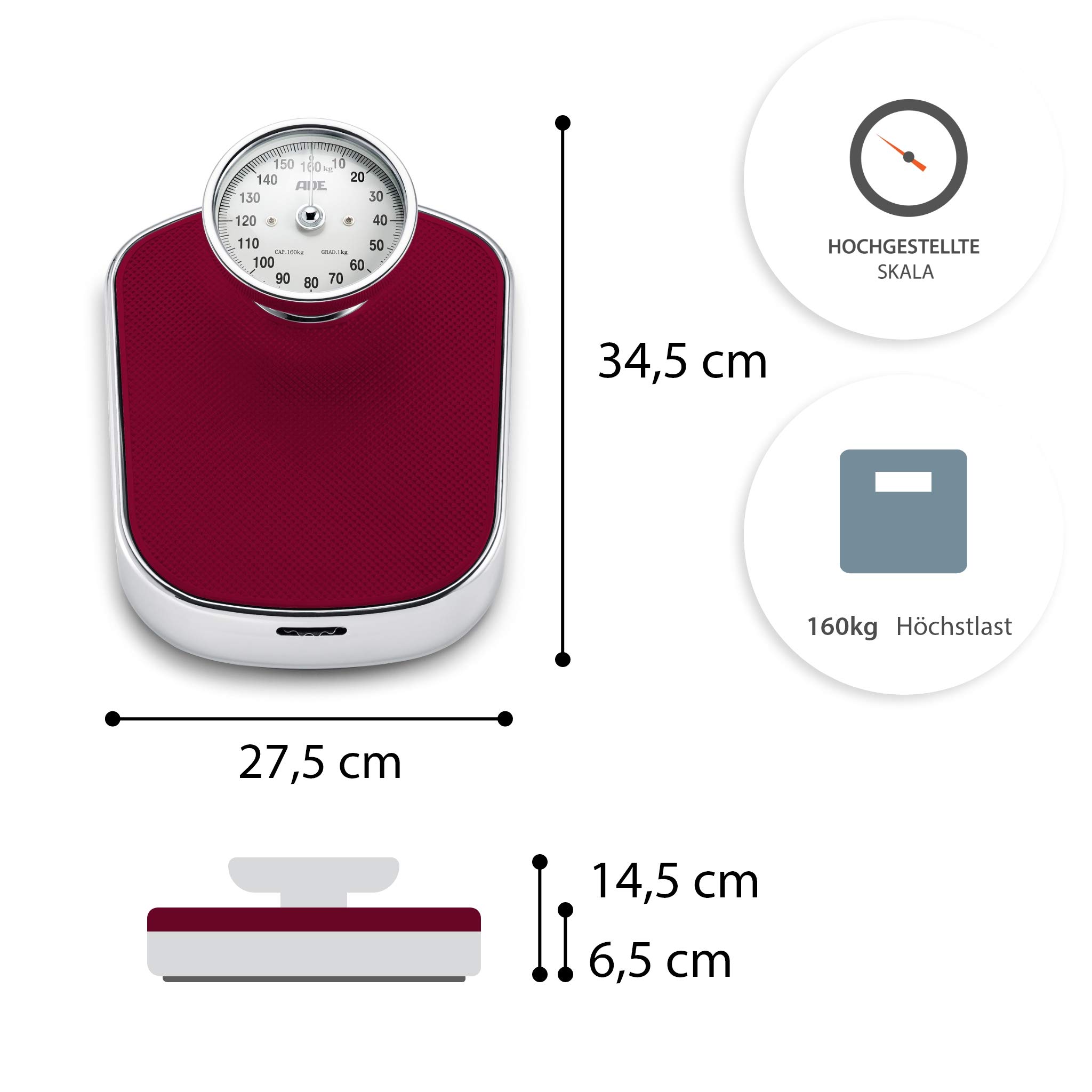 ADE Felicitas Pèse-Personne Mécanique Analogique Balance Mécanique au Design Classique avec Grande Échelle et Surface de Pesée Antidérapante Bordeaux