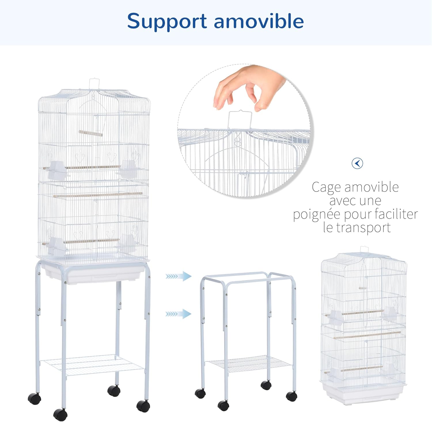 Image showing the bird cage stand with wheels and a storage shelf.