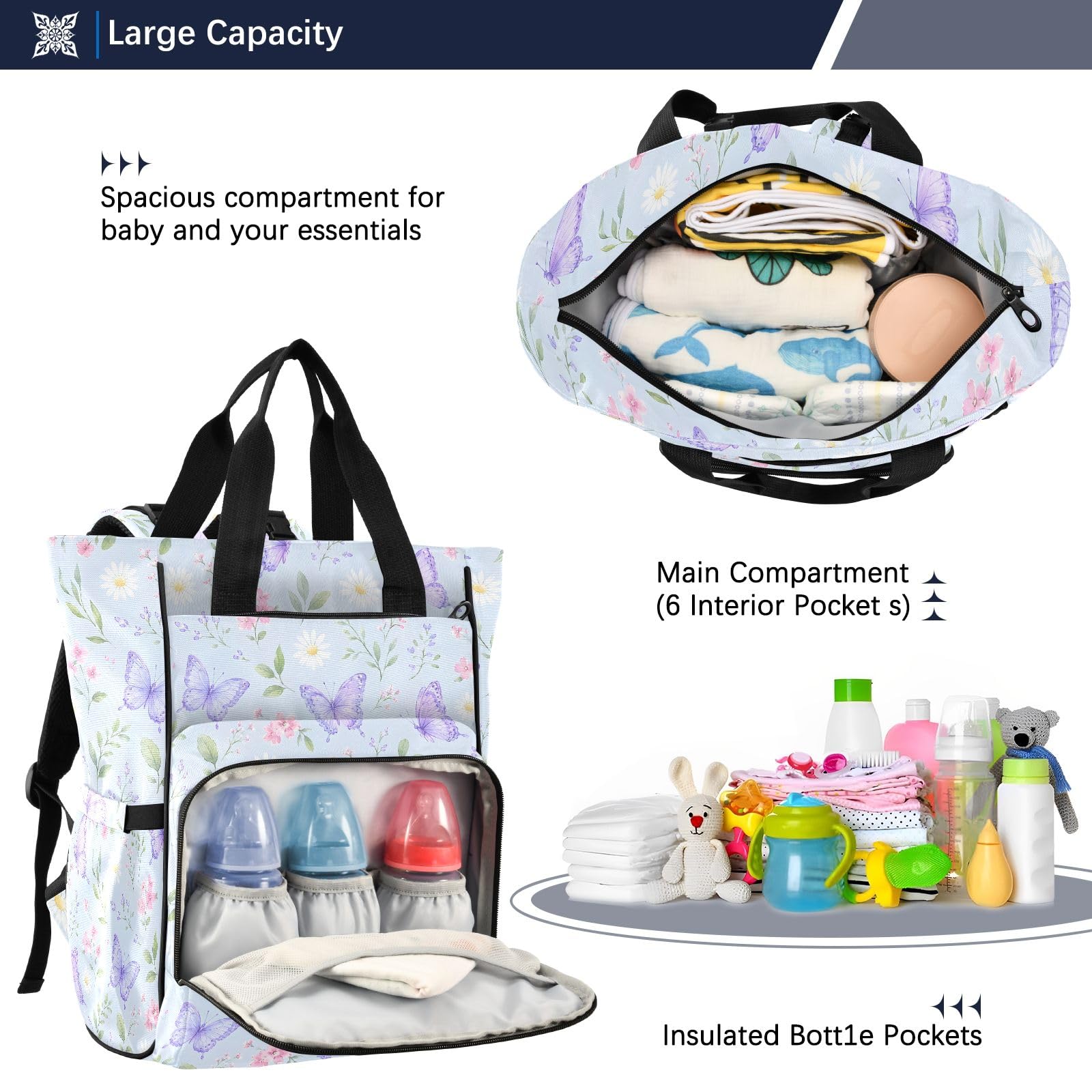 Mnsruu Flwoer Butterfily Borsa per pannolini per bambini, zaino grande, impermeabile, da viaggio, per mamme e papà