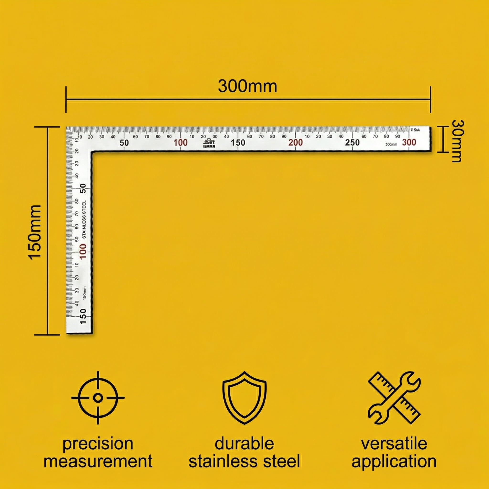 Squadra Metallo Acciaio Inox 150x300mm 1 Pezzo Righello L Angolo Retto