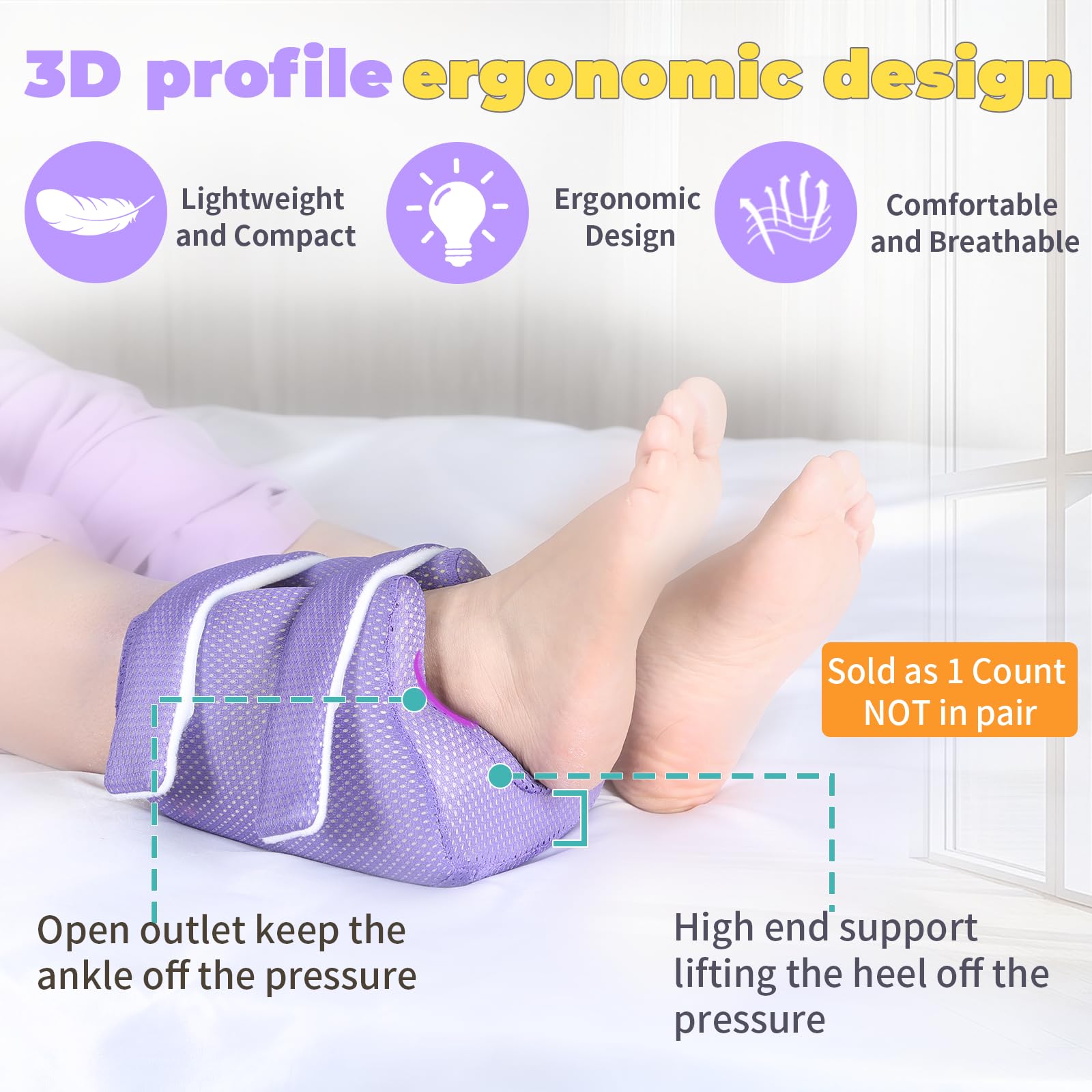 Protectores de talón 3D para úlceras por presión, almohadillas de apoyo para pacientes postrados en cama, protector de talón para dolor de talón (morado, paquete de 1)