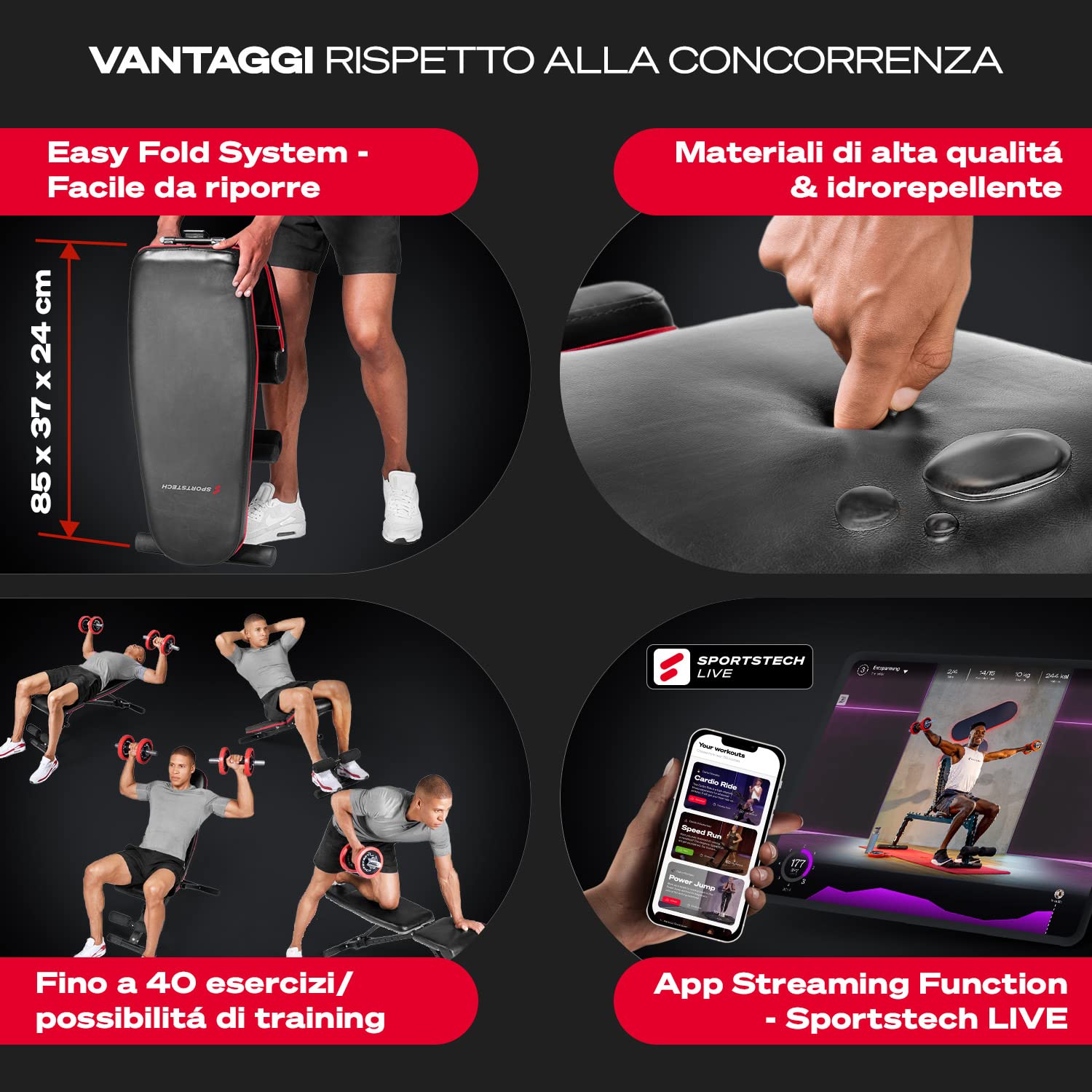 Sportstech Panca pieghevole di alta qualità, completamente montata, panca inclinata e panca piatta per panca, allenamento della schiena e fitness, sistema di regolazione sicuro + con oltre 40 combinazioni di regolazione per la casa |BRT400
