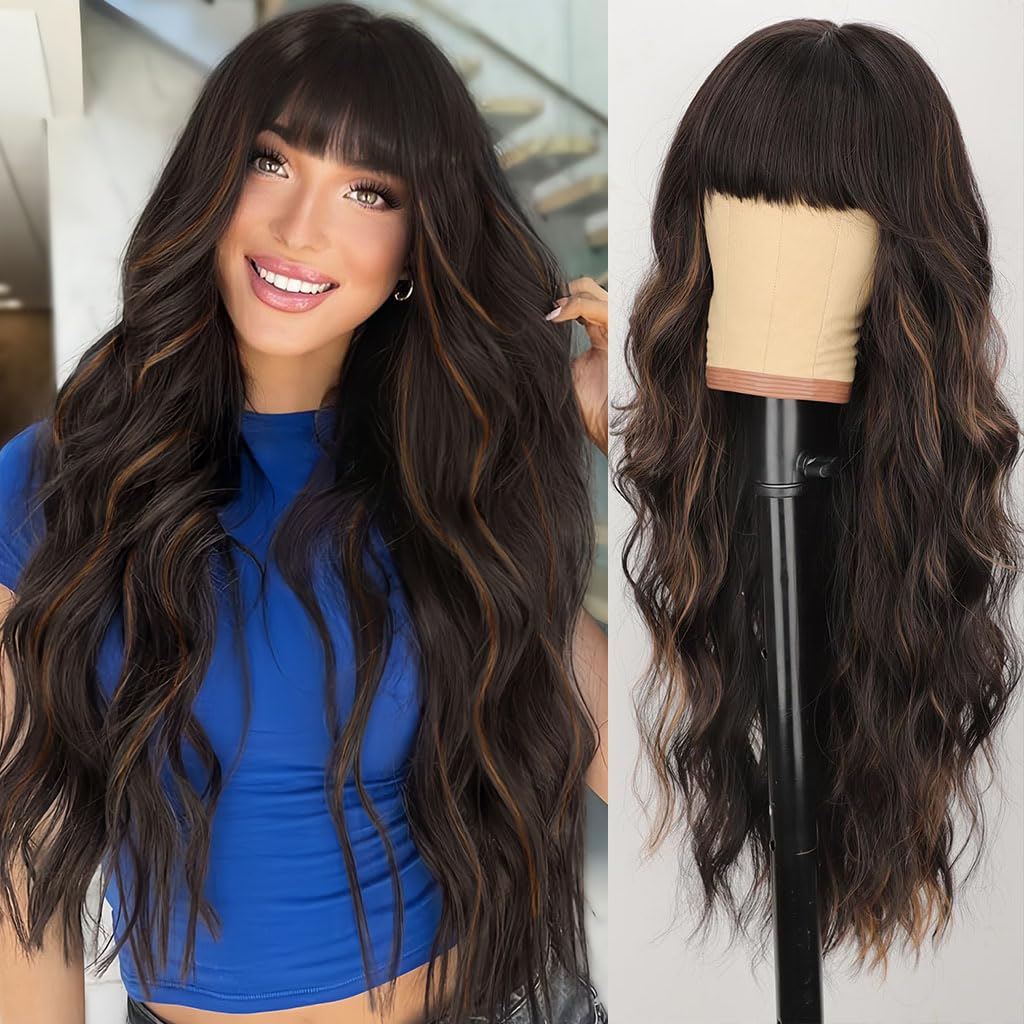 AISI HAIR 【Beginner Friendly Wigs Brown Wig with Bangs Long Wavy Wig for Women Synthetic Hair Wig for Daily Party Use