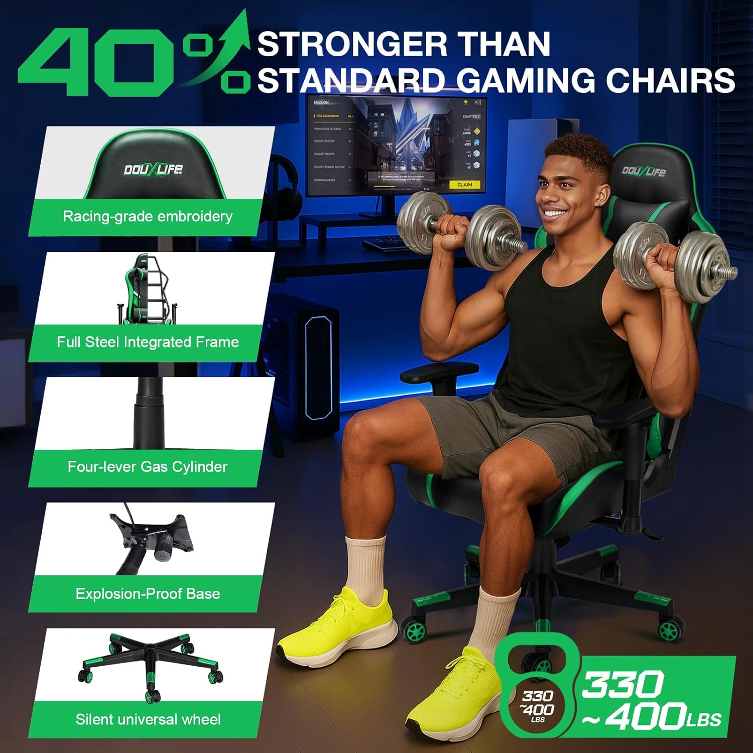 Douxlife 7-Point Massage Gaming Chair with Footrest, 400lbs Heavy Duty Ergonomic Computer Chair, 175° Reclining High Back Racing Seat for Adults with Adjustable Armrests & Lumbar Support, Green