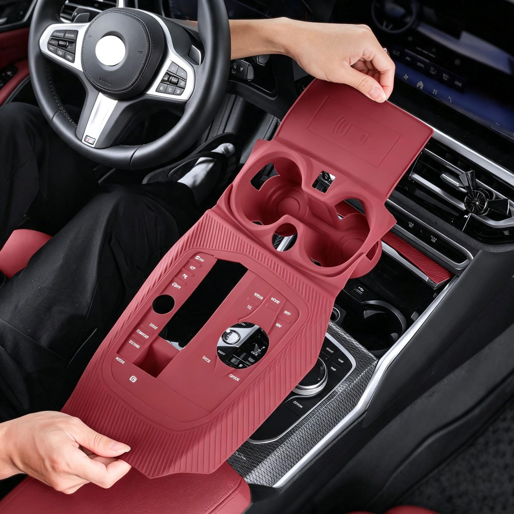 Maty Organizator Uchwytów Na Kubki Konsoli do BMW Seria 4 2020-2026 (null red) | Konsola środkowa Mata na napoje Uchwyt na kubek, silikonowa wyściółka, antypoślizgowa, akcesoria