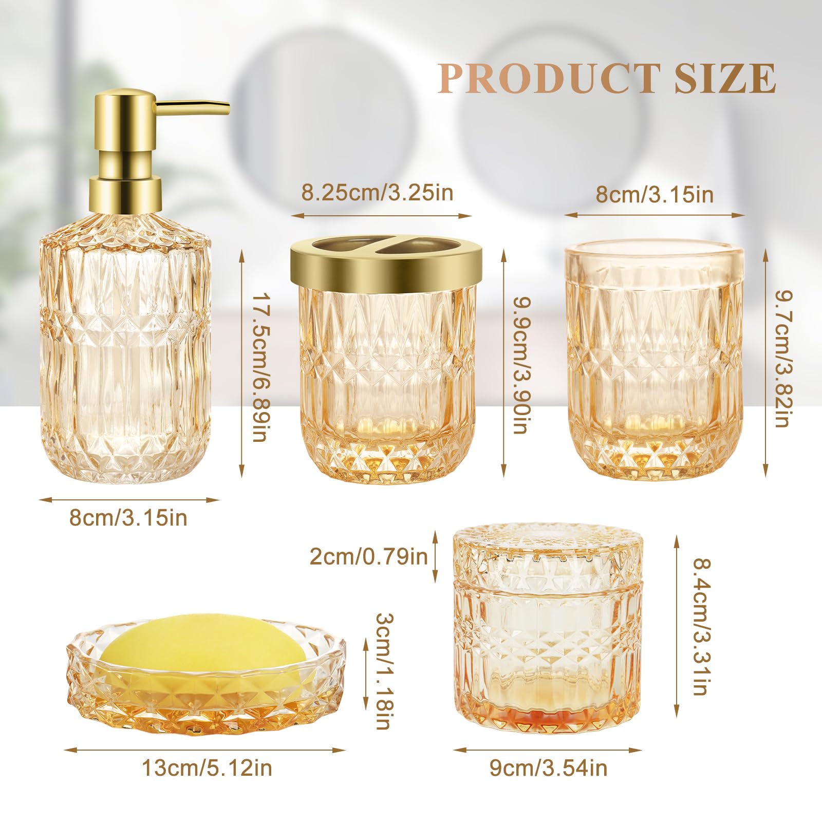 Set di 5 accessori da bagno in vetro dorato, set di accessori per il bagno, dispenser per lozioni, portasapone, porta spazzolini, bicchieri, bastoncini di cotone, set decorativo per bagno moderno,