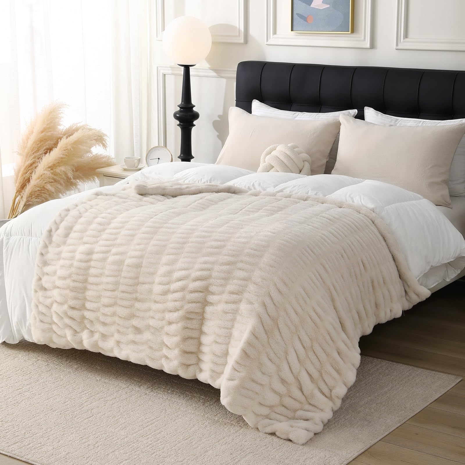 DREAMLANDING Faux Rabbit Fur Luxury Plush Sherpa Throw Blanket Reversible Fuzzy Warm Cozy Fluffy Fur Blanket for Bed Sofa Couch Home Decor (Beige - Image 3
