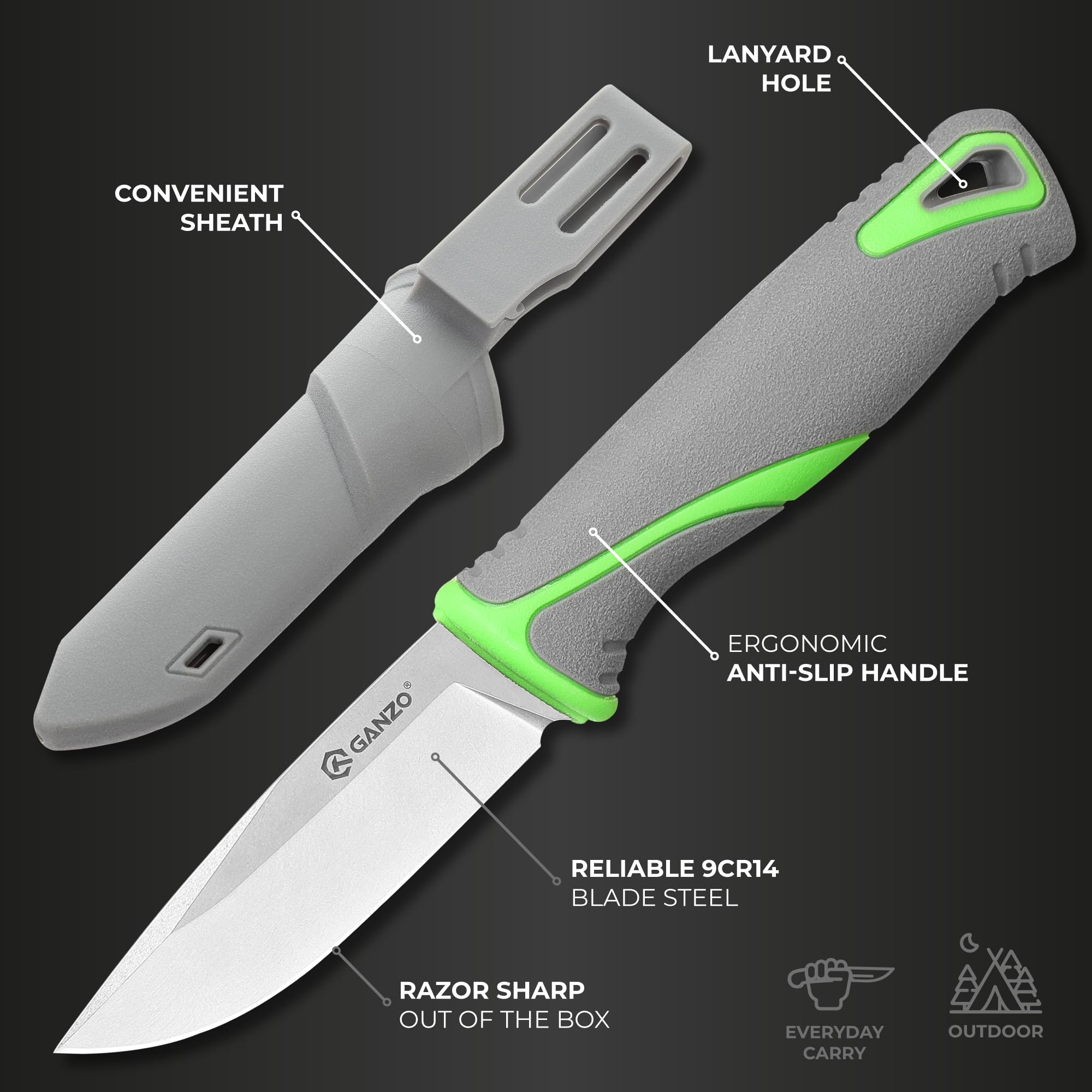 Ganzo G807-GY Fixed Blade Knife Razor Sharp 9CR14 Stainless Steel Blade PP Handle Outdoor Knife with Sheath Hunting Fishing Hiking Tool Father's Day Gift (Grey)