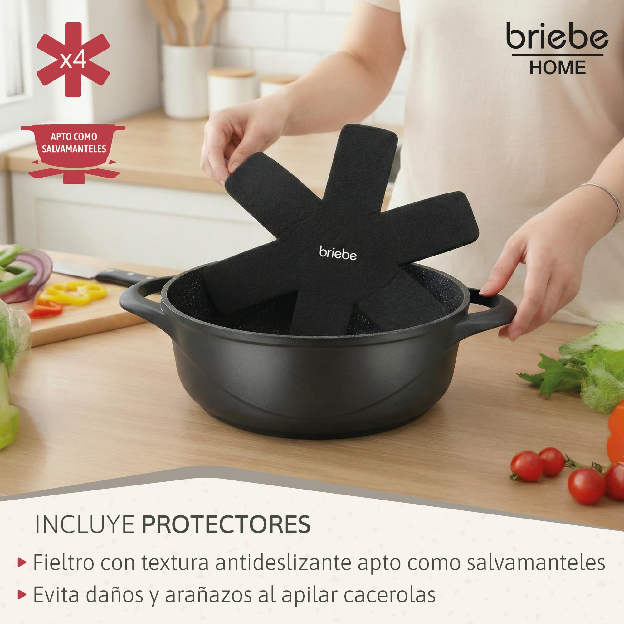 briebe Batería Cocina Inducción 8 Piezas, Juego 4 Ollas Aluminio Fundido, Antiadherente ILAG GRANITEC sin PFOA, Set Cazuelas Tapas Cristal, Guantes Silicona, Vitrocerámica, Gas, Horno, MGK-17S