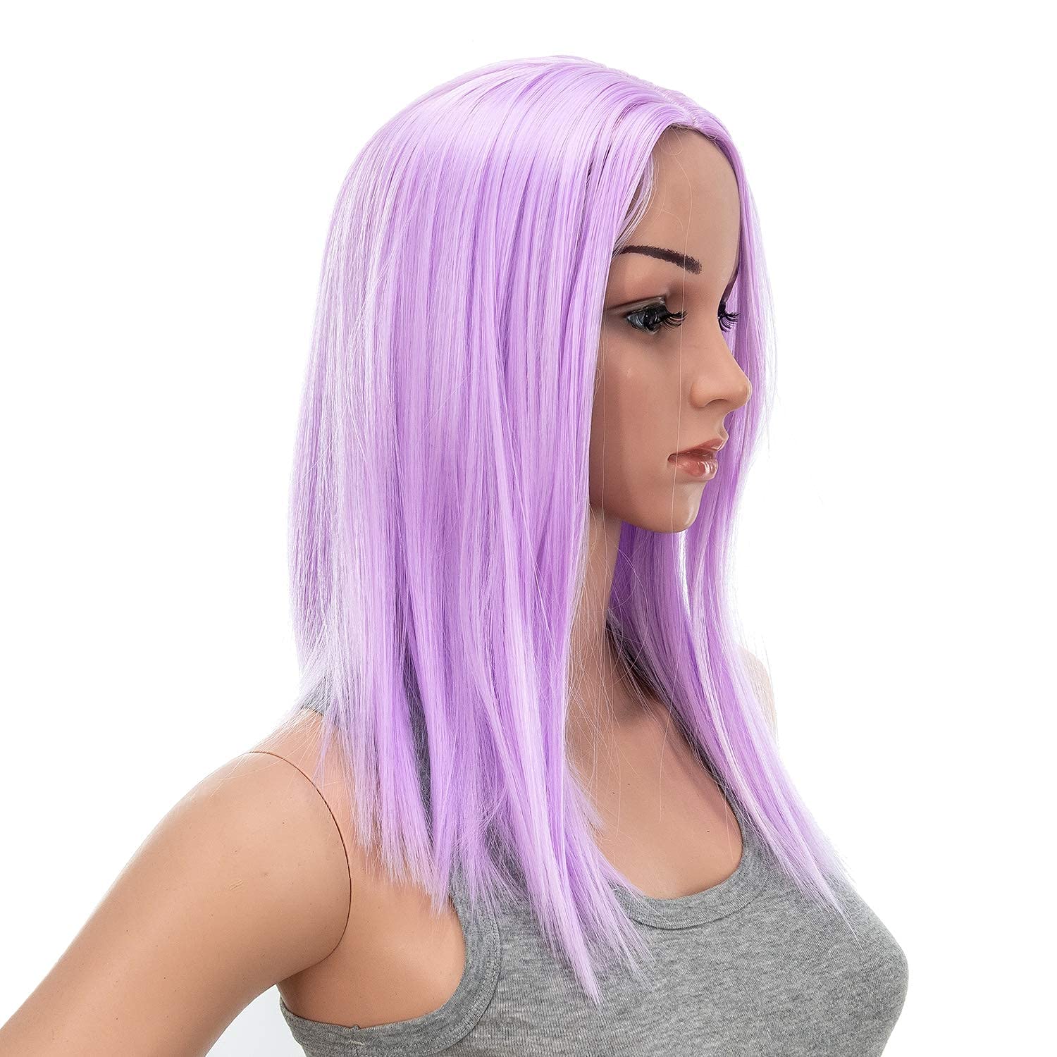 SWACC 14-Inch Short Straight Middle Part Hair Wig Medium Length Synthetic Heat Resistant Wigs for Women with Wig Cap (Lilac Purple)