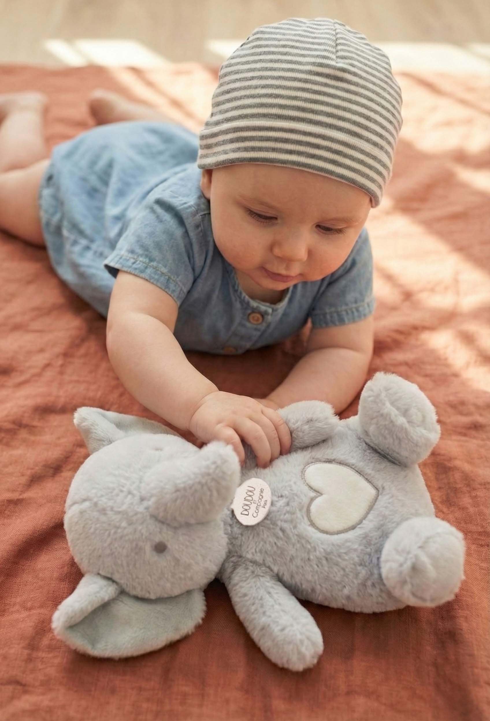 Doudou et Compagnie - Atmungsaktives Plüschtier Elefant Atmen - 28 cm - Plüschtier mit Musik, beleuchtet mit Atmungsbewegung - Nachtlicht und weiße Geräusche - Geschenkidee zur Geburt - DC4683