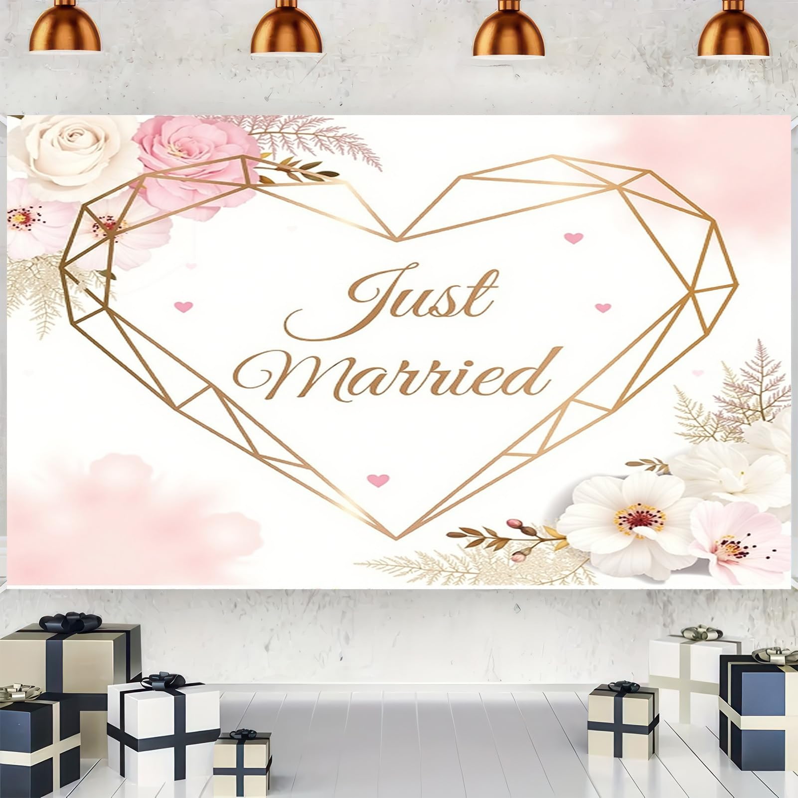 Fotohintergründe mit Aufschrift "Just Married", 238,8 x 180,3 cm, Polyesterstoff, das Herz der Ehe, Hochzeitsdekorationen, Fotohintergrund, Herz, Fotoshooting, Dekoration, Requisiten