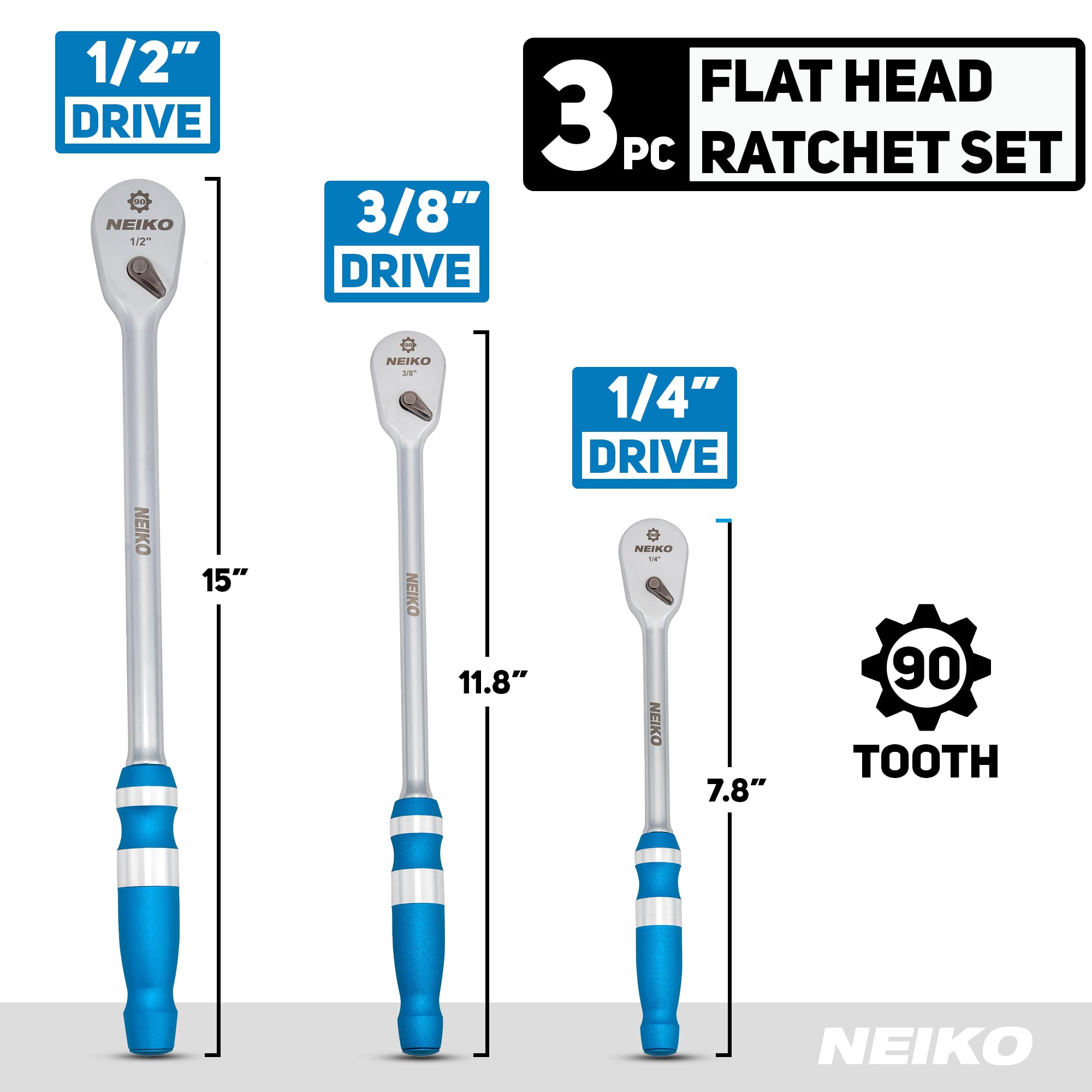 NEIKO 3-Piece Flat Head Ratchet Set - Durable & Long Handles -2