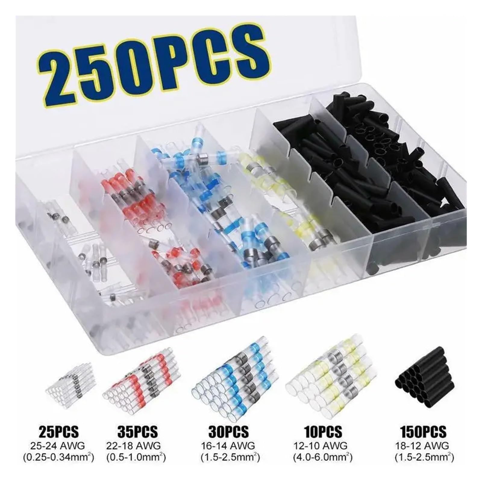 250PCS 4 Dimensioni Saldatura Manicotto Guarnizione Termorestringente Butt Connettori Filo Elettrico Splice Terminali Kit Assortimento