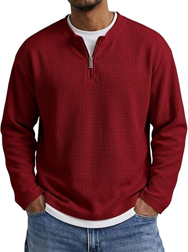 Waffle Knit Long Sleeve Men Henley Shirt 1/4 Zip Pullover Textured Shirts