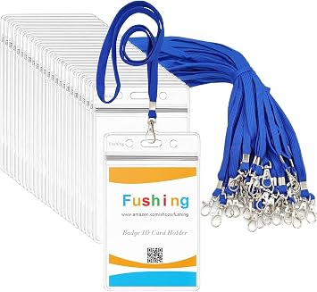 Fushing 50pcs Clear Plastic Vertical Name Tags Badge ID Card Holders and Blue Neck Lanyards with Swivel Hook for School, Festival, Event S