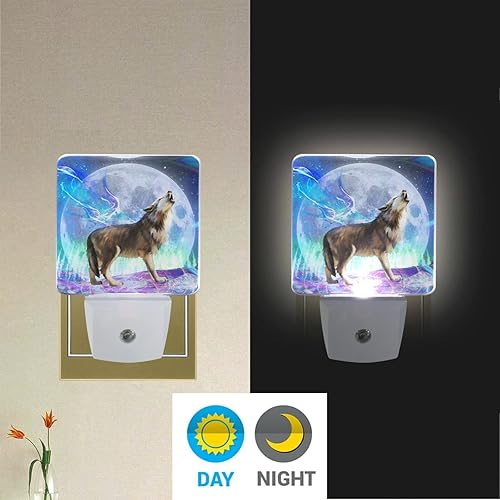 Miniatura 4 de ALAZA Lindo lobo luna enchufable luz nocturna LED paquete de 2 sensores automáticos del atardecer al amanecer decorativo noche de pared para