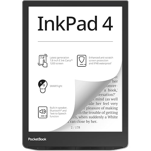 PocketBook InkPad 4 | Eye-Friendly Audio & E-Book Reader | Large 7.8ʺ E-Ink Display | Anti-Scratch Protection | Text-to-Speech Function | Bluetooth® | Built-in Speaker | SMARTlight | IPX8 Waterproof