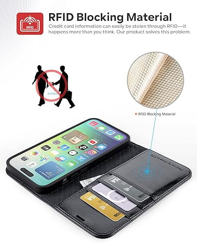 Miniatura 3 de OCASE Retro Series - Funda tipo cartera compatible con iPhone 14 Pro con tarjetero bloqueo RFID carcasa interior de poliuretano termoplástico