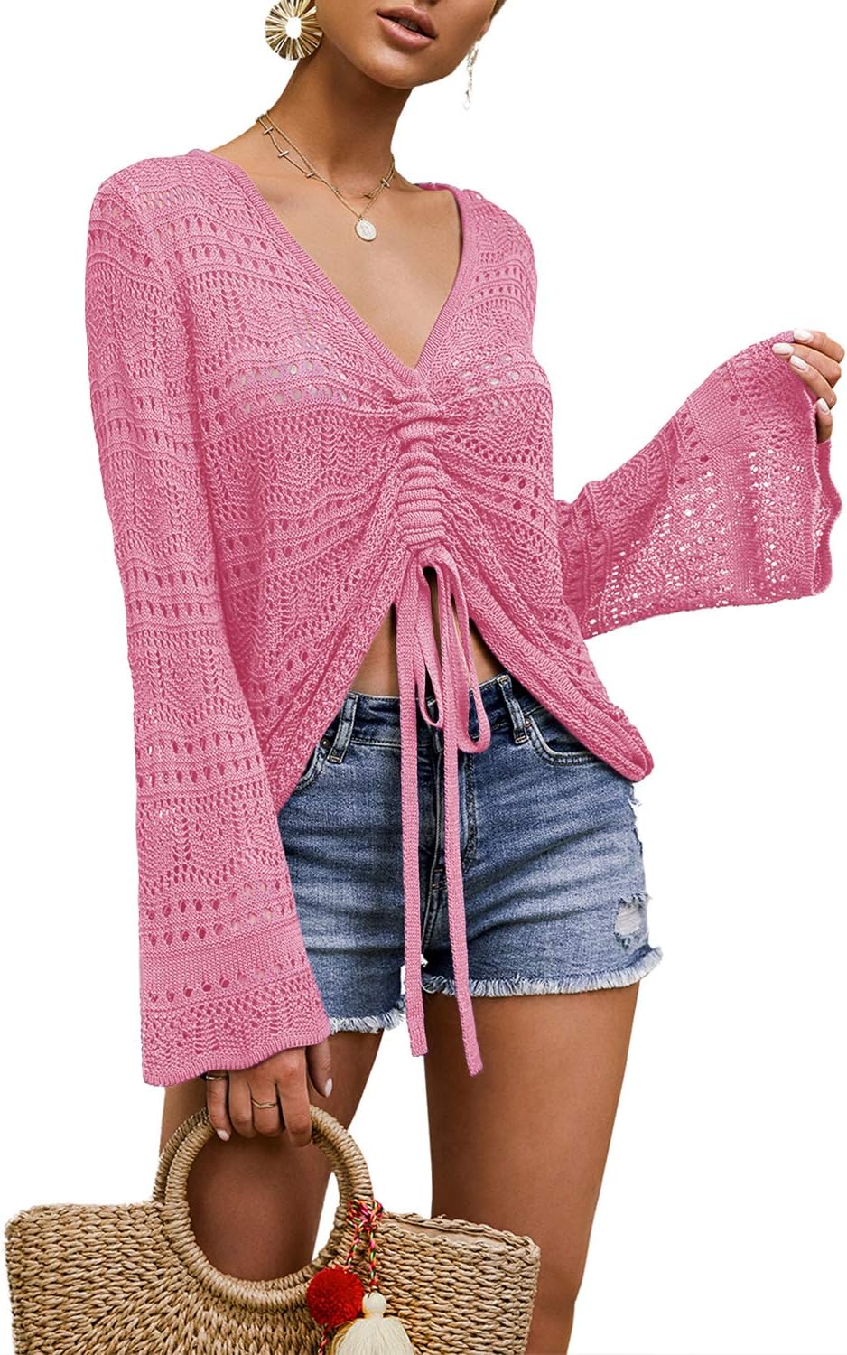 FERBIA Women Crochet Top Beach Cloth Drawstring Shirt Cover Up Oversized Sexy Beachwear Lace Up Tee Poncho