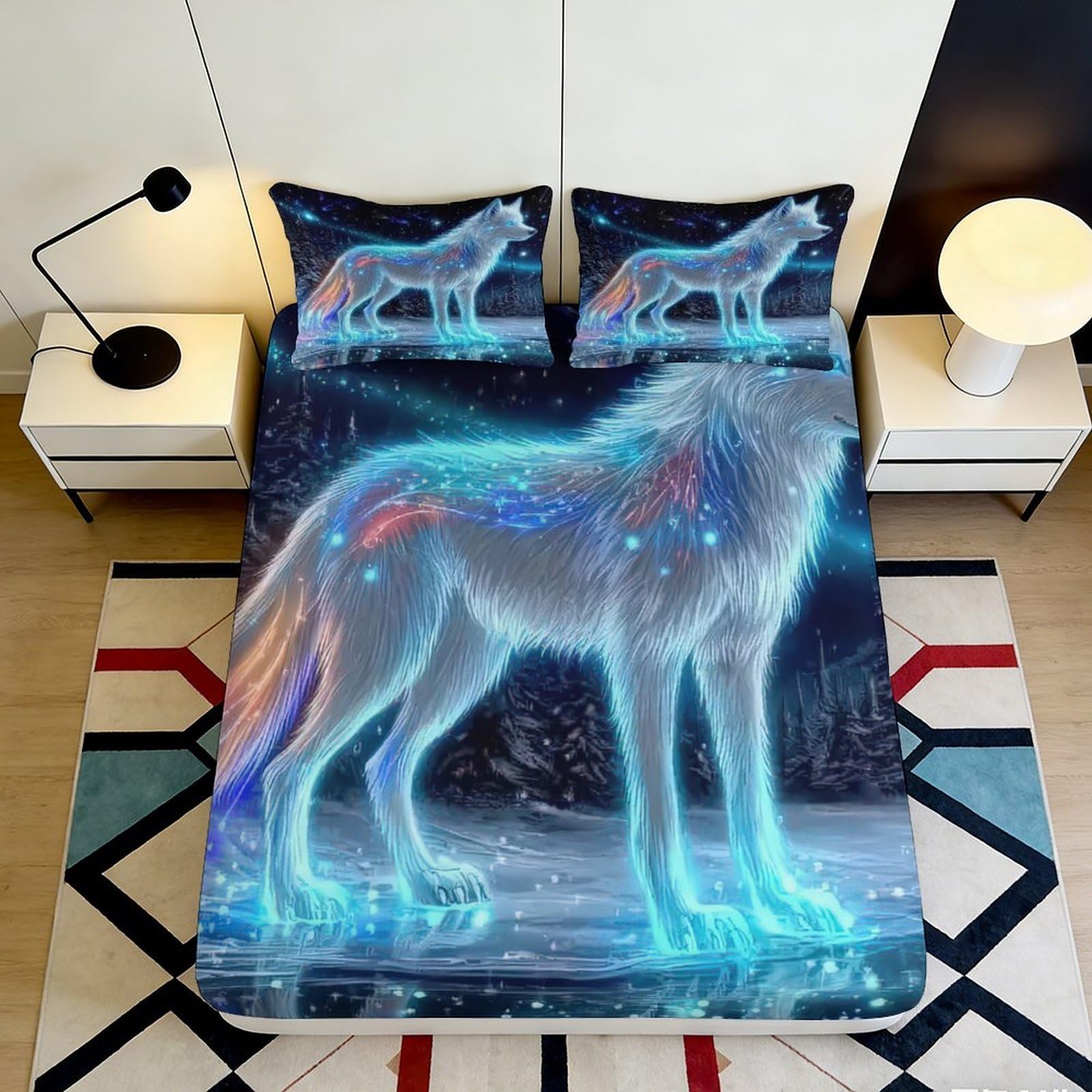 3D Printed Luminous Wolf Fitted Sheet Microfiber Bedroom Decor Aurora Mattress Cover Non-slip Washable 90x200x25cm
