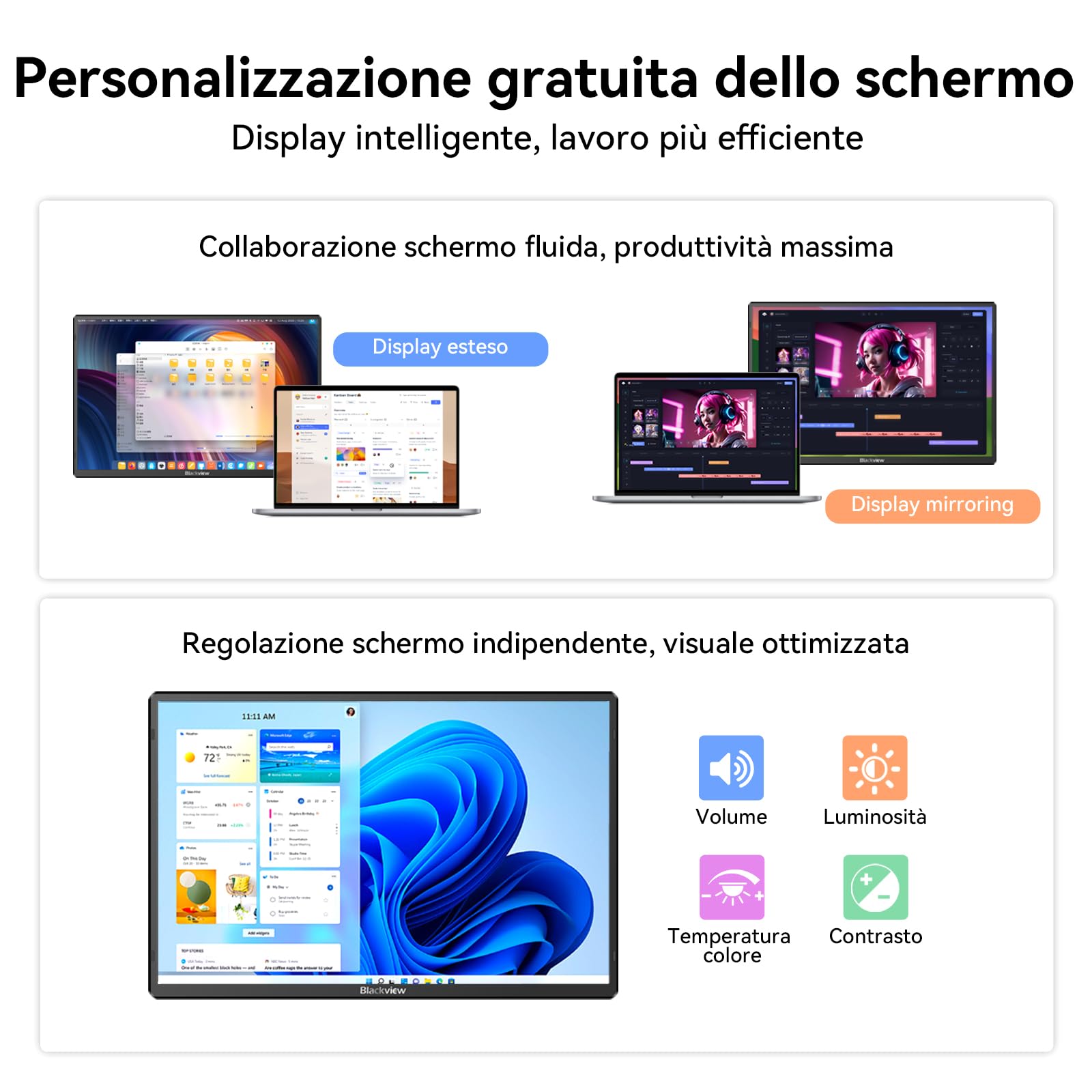 Blackview Table 9 Monitor Portatile Ultra-Sottile 16" FHD 1200P, Supporto Magnetico Rotante 360°, Schermo Esterno Laptop per Viaggio & Ufficio, TÜV Low Blue Light- Compatibile con Windows/Mac/PC/PS5