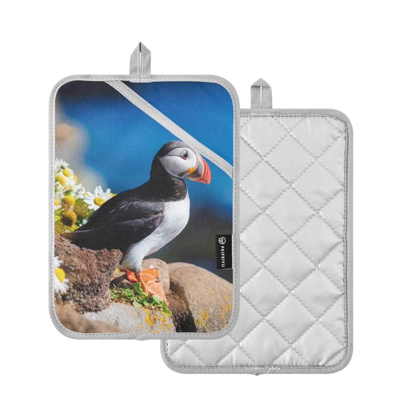 Aflyko Potholder Puffin Seabird Oven Hot Pad with Hand Pocket Pot Holder Set 2 Pack Oven Mitt with Hanging Loop Kitchen Countertop Trivet Baking, Cooking, BBQ Mitten
