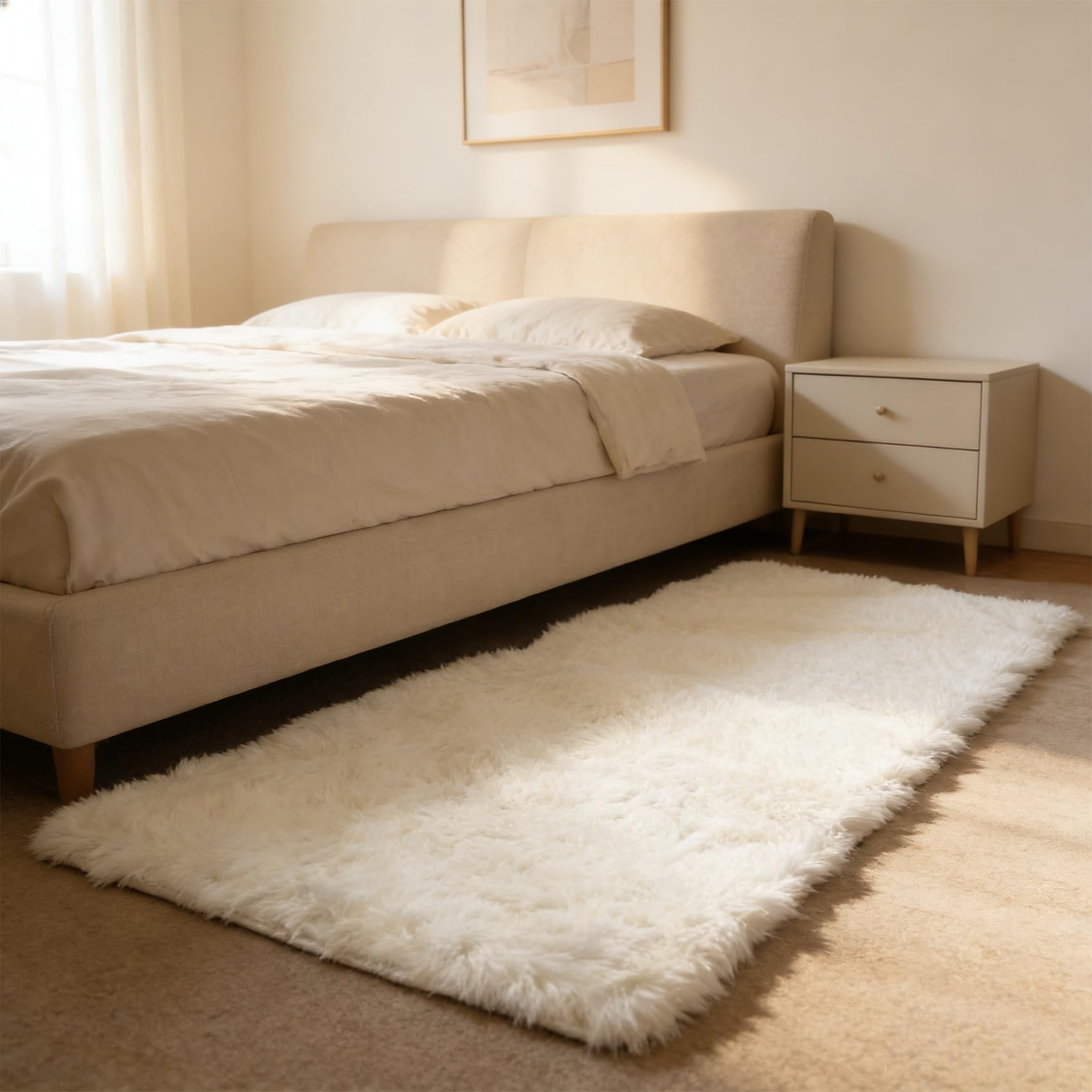 Tapis chambre 280 x 110 cm blanc shaggy doux et moelleux pour couloir