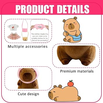 23cm Capybara Plush Toy, Cute Capybara Toys With 7 Clothes Accessories