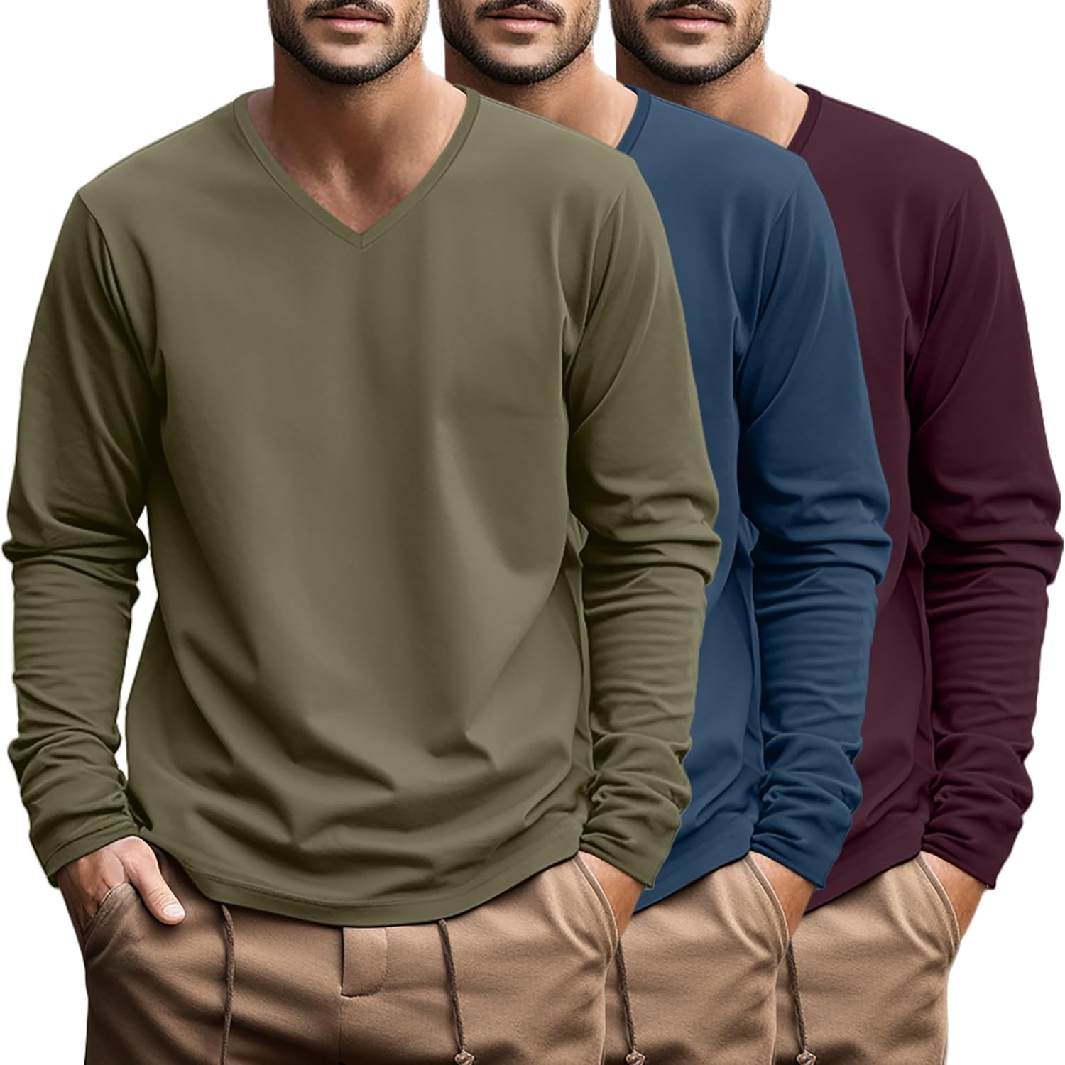 Ficerd 3 Pack Big and Tall Shirts for Men V Neck Cotton Long Sleeve Tee L-7XL Casual Loose Tops Oversized Basic T Shirts