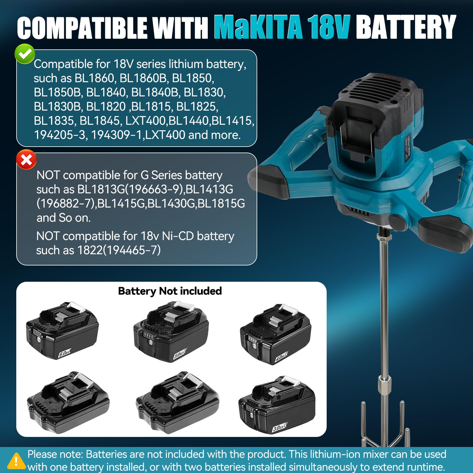 Mezclador de cemento inalámbrico para batería Makita de 18 V, mezclador de paleta sin escobillas, mezclador de mortero de pintura de 6 velocidades, máximo 680 RPM, agitador eléctrico de hormigón para