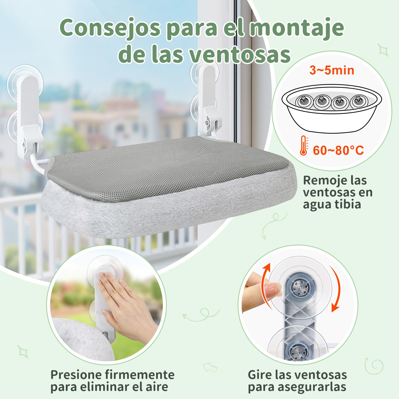 GUUSII HOME Hamaca Gato Ventana con Ventosas Fuertes Cama Colgante para Gatos Amaca Camita Interior Grande Instalación Fácil sin Perforaciones Funda Suave y Lavable Soporta hasta 18kg (Gris)