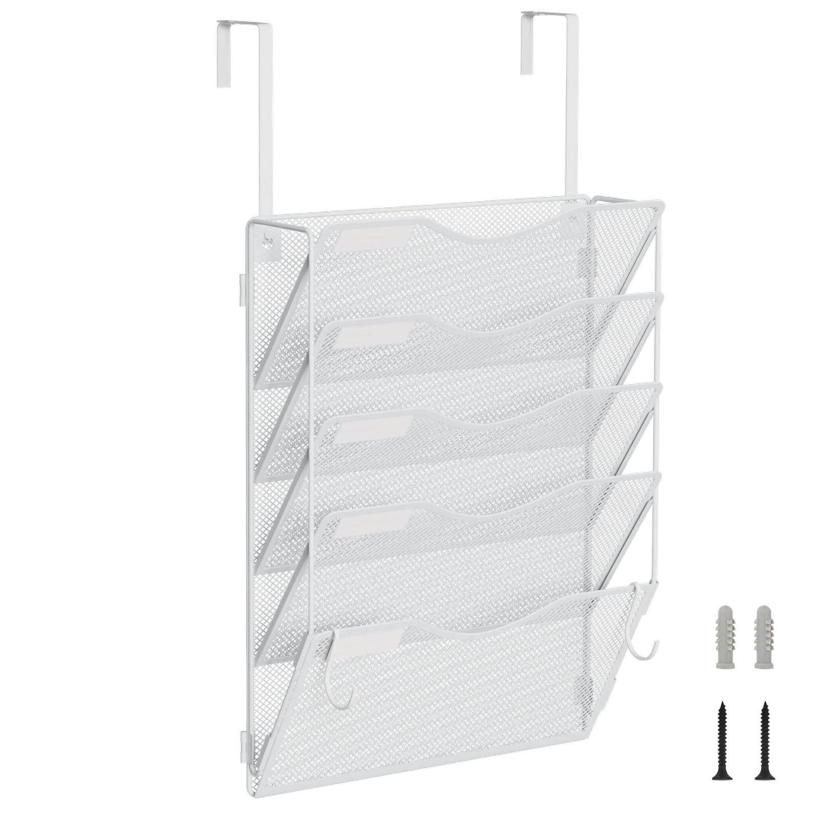 BOHDK Wall File Organizer, Hanging File Folder Organizer, Vertical Mesh Metal Door/Wall Mount Hanging File Holder. Paper Document Magazine Rack with Hooks for Home Office Black (5 Pockets White)