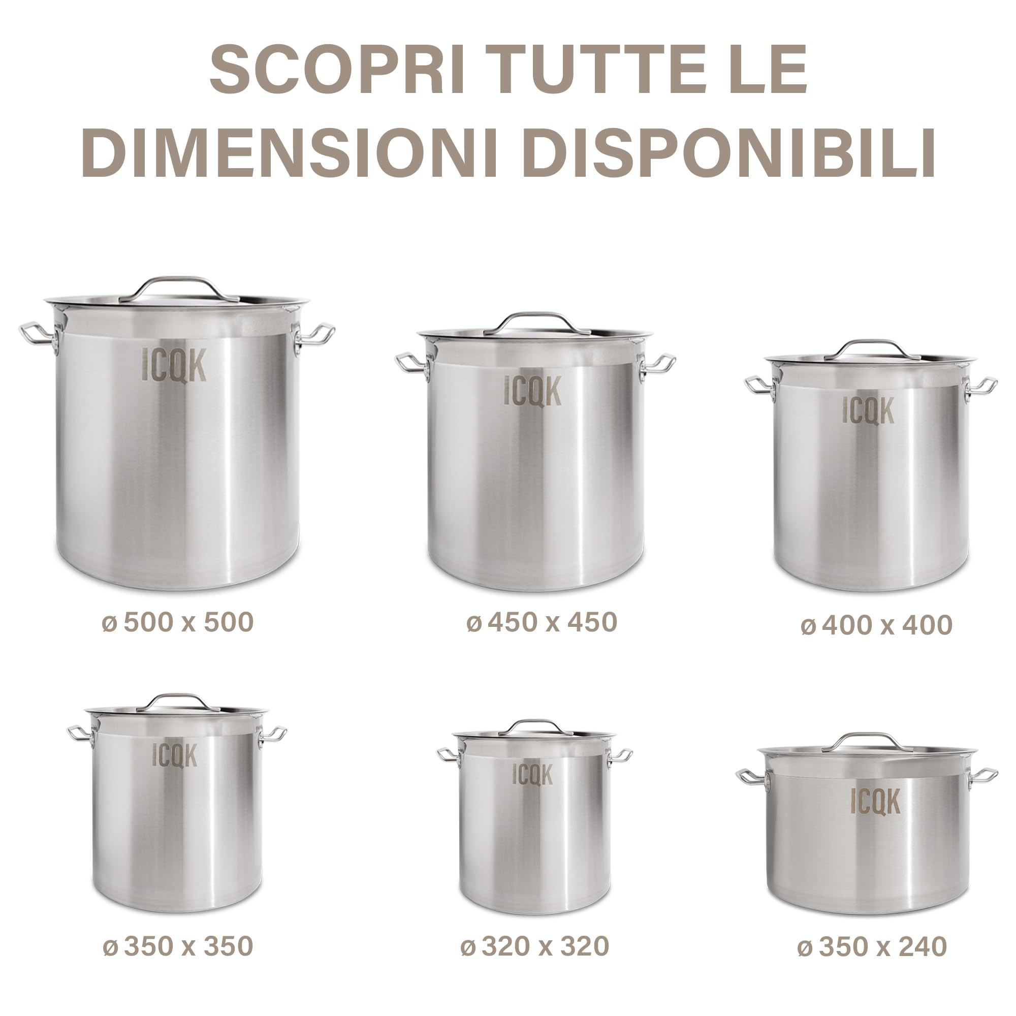 Pentola in Acciaio Inox 50 L, Coperchio Incluso, ⌀40 cm, Con Bordo A Versare, Compatibile con Induzione, Elettrico, Ceramica, Gas, Fondo Triplo Strato, Manici in Acciaio, Assistenza ITALIA