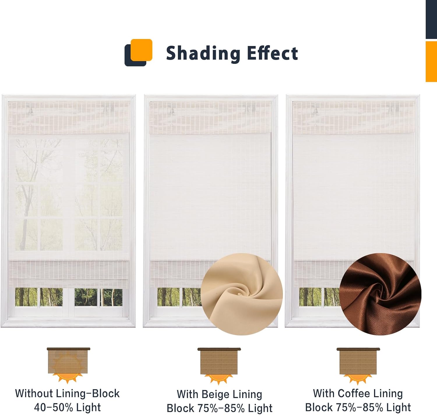 Blackout Cordless Blinds Bamboo Roman Shades, Custom Window Shades with Lining, Natural 100% Bamboo Blinds for Windows, Pattern X-03