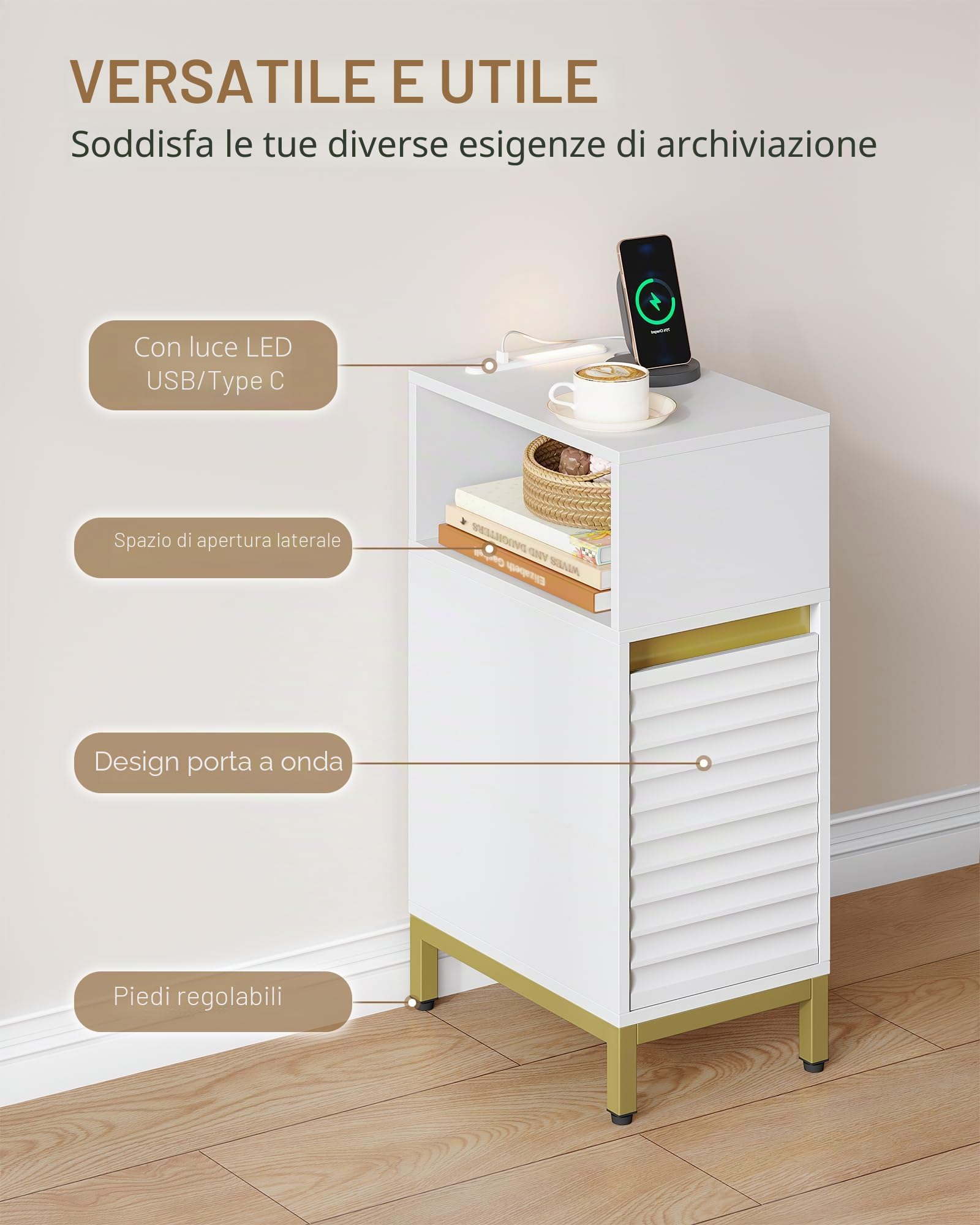 Hzuaneri set da 2 Comodino, tavolino stretto con illuminazione a LED, 1 porta USB-A, 1 porta USB-C, comodino con scomparto laterale aperto, per camera da letto, soggiorno, Bianco-Oro NS00603G