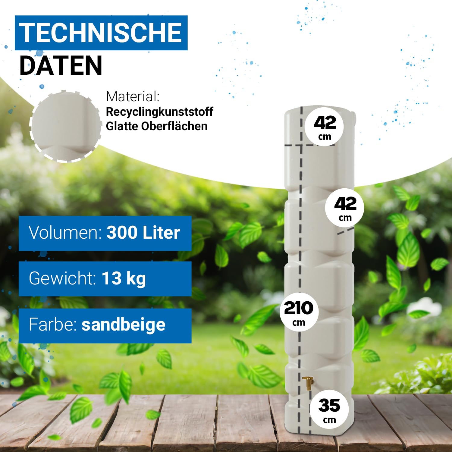 4rain Basic Regentonne Komplett-Set 300 Liter sandbeige | inkl. Kunststoff-Auslaufhahn und Fallrohranschluss Wandtank, Wassertank, Regenwassertonne, Regenwassertank, Wasserbehälter